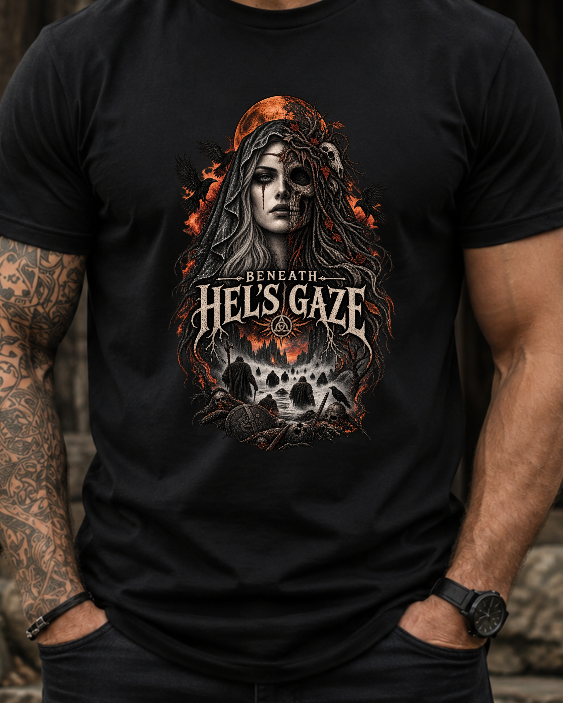 Beneath Hel’s Gaze – Dark Norse Goddess T-Shirt
